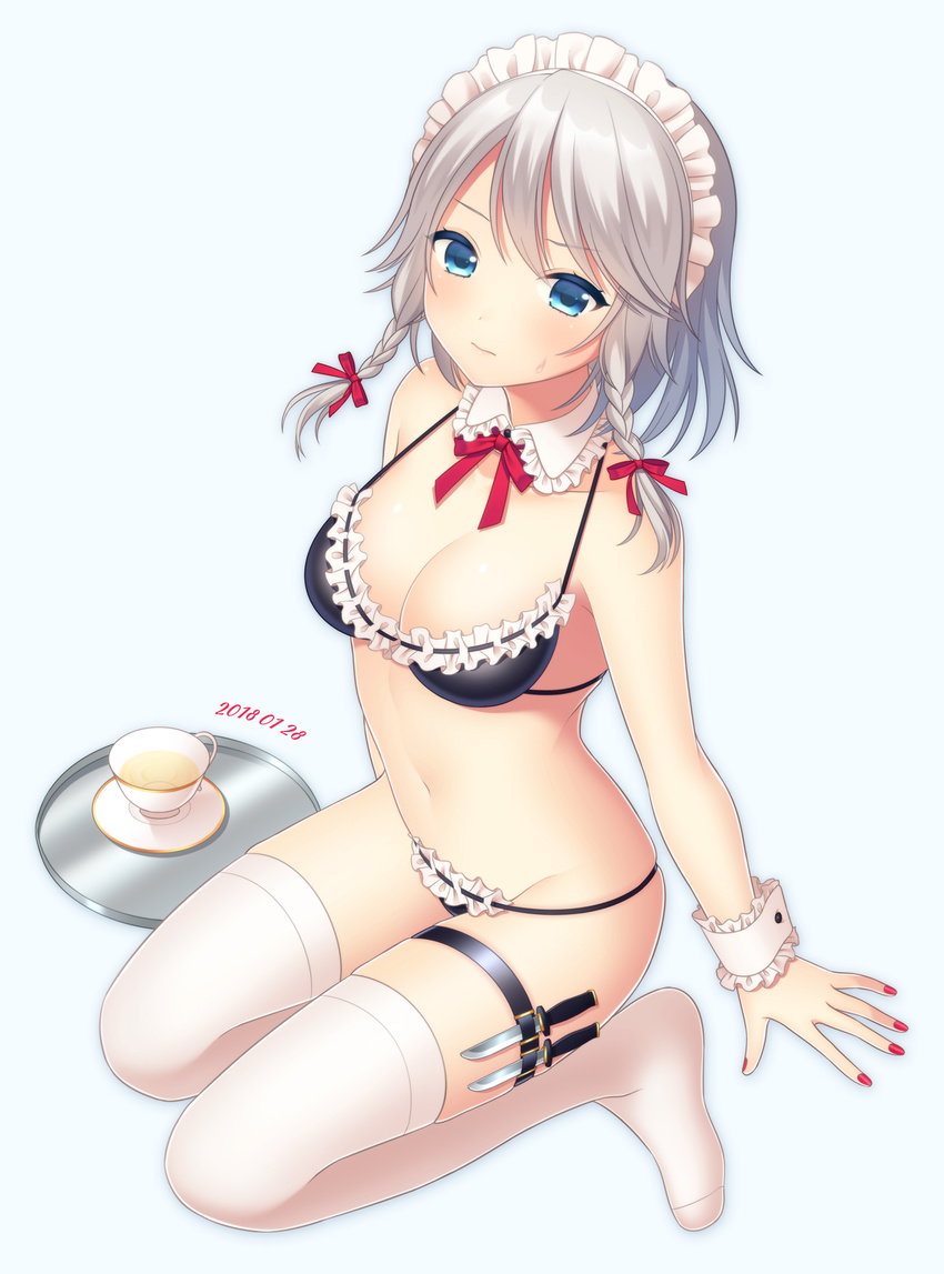 bare_arms bare_shoulders bikini black_bikini blue_background blue_eyes braid breasts cleavage closed_mouth commentary_request cup detached_collar full_body hair_ribbon highres holster izayoi_sakuya knife looking_at_viewer maid_headdress medium_breasts nail_polish navel no_shoes red_nails red_ribbon revision ribbon ribbon-trimmed_bikini ribbon_trim saucer silver_hair simple_background sitting skindentation solo sweatdrop swimsuit tea teacup thigh_holster thighhighs touhou tray twin_braids white_legwear wrist_cuffs yamayu
