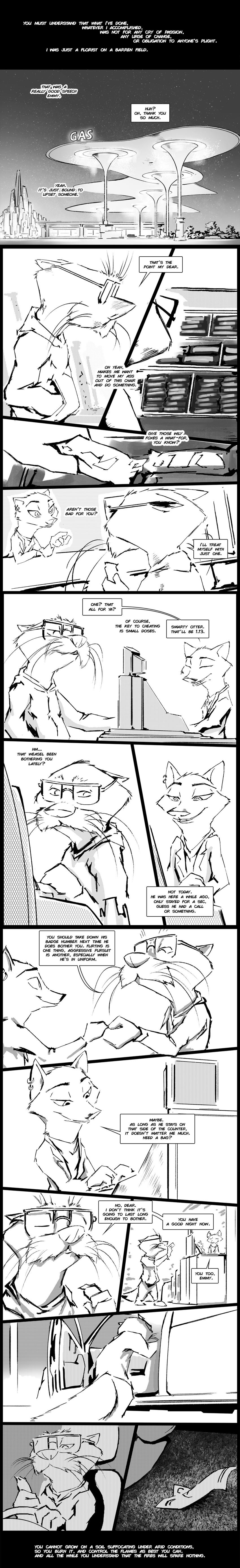 2018 anthro car clothed clothing comic dialogue disney duo ear_piercing emmitt_otterton english_text ermine eyewear female gas_station glasses greyscale male mammal monochrome mustelid night otter piercing sky star starry_sky text thewyvernsweaver vehicle whiskers zootopia