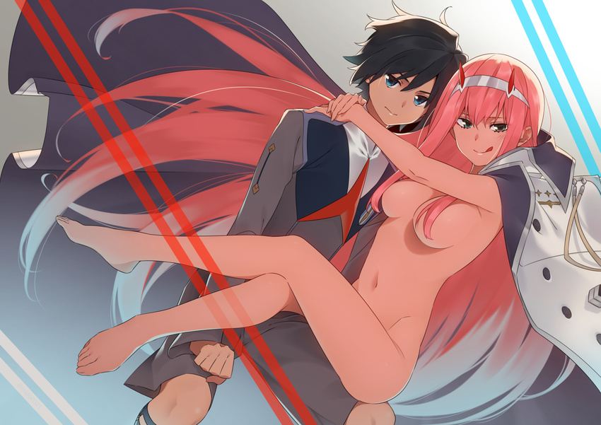 1girl :q arms_around_neck barefoot black_hair blue_eyes breasts clothed_male_nude_female convenient_censoring crossed_legs darling_in_the_franxx floating_hair green_eyes grey_hairband grey_shirt grey_shorts groin hair_between_eyes hair_censor hairband highres hiro_(darling_in_the_franxx) long_hair looking_at_viewer medium_breasts mido_(mimizuku-hukuro) military military_uniform multicolored_hair navel nude pink_hair shirt shorts silver_hair smile tongue tongue_out two-tone_hair uniform very_long_hair zero_two_(darling_in_the_franxx)