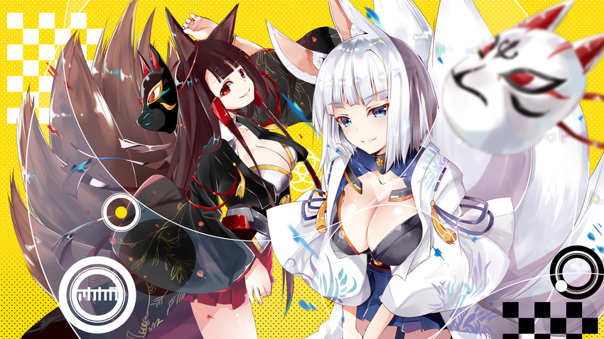 akagi_(azur_lane) animal_ears arm_up azur_lane bangs black_kimono blue_eyes blue_skirt blurry blurry_foreground breasts brown_hair cleavage commentary_request depth_of_field eyebrows_visible_through_hair fox_ears fox_girl fox_mask fox_tail highres itotin japanese_clothes kaga_(azur_lane) kimono kitsune kyuubi large_breasts long_hair long_sleeves looking_at_viewer mask mask_removed multiple_girls multiple_tails parted_lips pleated_skirt red_eyes red_skirt silver_hair skirt smile tail very_long_hair white_kimono wide_sleeves