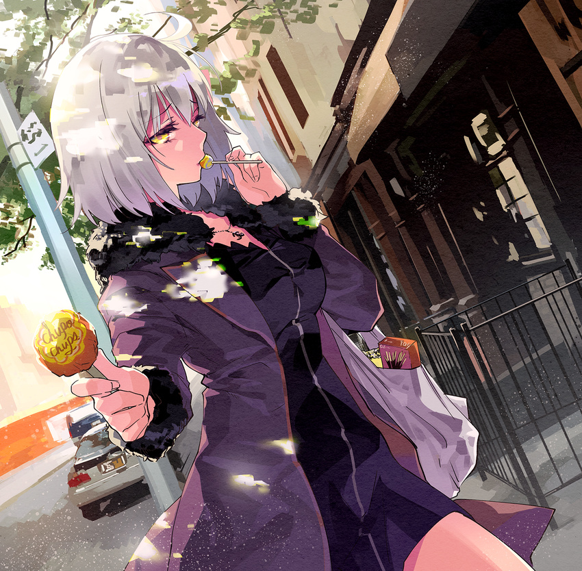 bag breasts candy fate/grand_order fate_(series) food fur-trimmed_jacket fur_trim highres jacket jeanne_d'arc_(alter)_(fate) jeanne_d'arc_(fate)_(all) lollipop looking_at_viewer medium_breasts plastic_bag pocky solo tsurukame wicked_dragon_witch_ver._shinjuku_1999 yellow_eyes