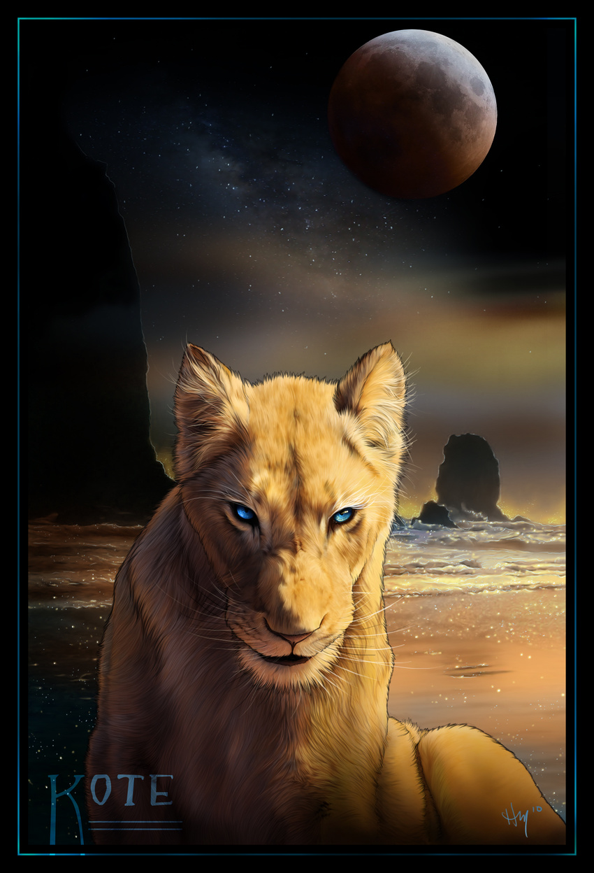 2010 beach blue_eyes cliffs cloud detailed_background feline female feral fur inner_ear_fluff island lion looking_at_viewer mammal milky_way mist moon nature night novawuff outside portrait rock sand sea seaside sitting sky solo star starry_sky surf tan_fur water wave yellow_fur