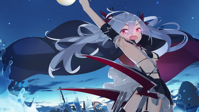 arm_up armband armpits azur_lane bangs black_legwear black_panties blush breasts cape commentary_request dress dusk eyebrows_visible_through_hair fang floating_hair from_behind garter_straps glowing glowing_eyes graphite_(medium) hair_between_eyes hair_ornament hair_ribbon highres long_hair looking_at_viewer looking_back machinery moon panties red_eyes ribbon rigging shishamo_(maraosan3) silver_hair sky small_breasts smile solo splashing standing standing_on_liquid star_(sky) starry_sky thighhighs thighs torpedo_tubes traditional_media twintails underwear vampire_(azur_lane) water waves wind wind_lift