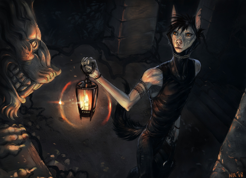 2018 anthro clothed clothing detailed_background digital_media_(artwork) lantern male mammal orange_eyes solo standing tatchit