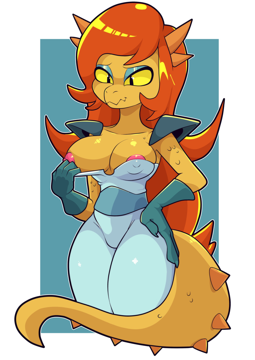 anthro big_breasts breasts cleavage clothed clothing cosma female gloves hair hand_on_hip lizard long_hair nipple_bulge nipples ok_k.o.!_let's_be_heroes red_hair reptile scalie shirt_pull snappygrey thick_thighs yellow_sclera