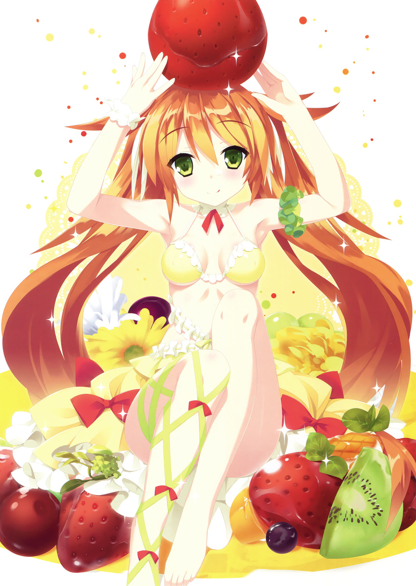 absurdres arm_strap armpits barefoot blush bow bra breasts choker cleavage eyebrows_visible_through_hair floating_hair food food_on_head frilled_bra frills fruit fruit_on_head green_eyes green_ribbon hair_between_eyes highres kannagi_rei layered_skirt leg_ribbon long_hair object_on_head orange_hair original red_bow ribbon sitting small_breasts solo strawberry twintails underwear very_long_hair white_background wrist_cuffs yellow_bra