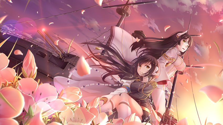 2girls azur_lane black_hair brown_eyes brown_hair clouds flowers gloves green_eyes hiei_(azur_lane) horns imo_bouya japanese_clothes kimono kneehighs long_hair mikasa_(azur_lane) skirt sky uniform