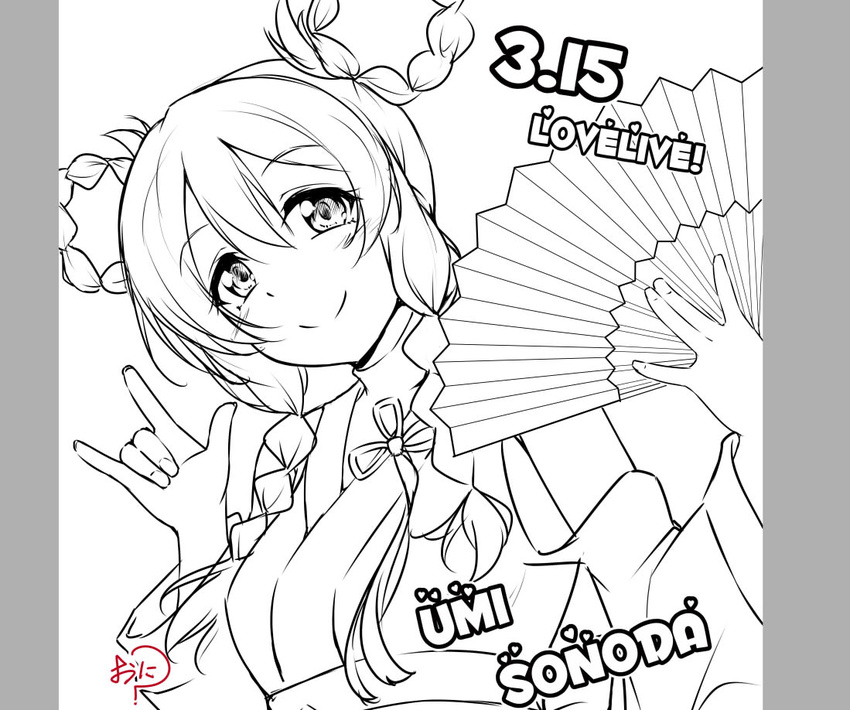 \m/ alternate_hairstyle angelic_angel bangs blush braid character_name commentary_request dated detached_sleeves eyebrows_visible_through_hair fan folding_fan greyscale hair_between_eyes hair_ornament hair_rings japanese_clothes kimono long_hair looking_at_viewer love_live! love_live!_school_idol_project monochrome simple_background smile solo sonoda_umi twin_braids upper_body white_background yopparai_oni