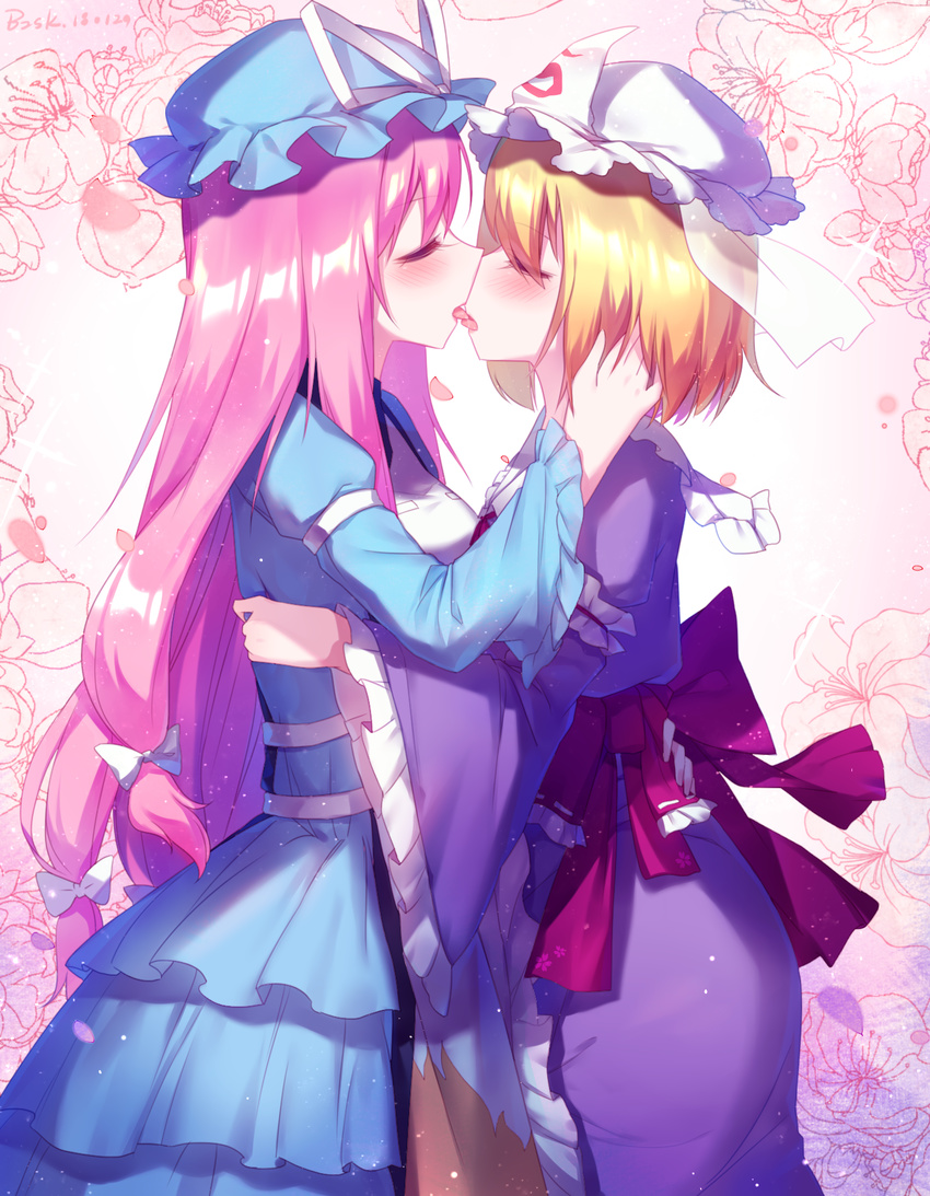 alternate_hair_length alternate_hairstyle baozishark blonde_hair blue_dress blue_hat blush bow closed_eyes color_switch dated dress floral_background french_kiss from_side hair_bow hat hat_ribbon highres japanese_clothes kimono kiss long_hair long_sleeves mob_cap multiple_girls pink_hair purple_kimono ribbon saigyouji_yuyuko saigyouji_yuyuko_(living) sash shiny shiny_hair touhou very_long_hair white_hat white_ribbon wide_sleeves yakumo_yukari yuri