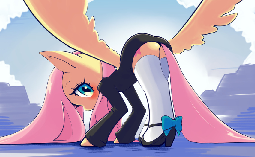 2018 abstract_background black_clothing black_footwear black_shoes blue_eyes blush butt clothed clothed_feral clothing conbudou cute cutie_mark digital_media_(artwork) equine eyelashes feathered_wings feathers female feral fluttershy_(mlp) footwear friendship_is_magic fur hair hi_res high_heels legwear long_hair long_tail looking_at_viewer makeup mammal mascara my_little_pony pegasus pink_hair pink_tail presenting presenting_hindquarters shoes side_view socks solo white_clothing white_legwear wings yellow_feathers yellow_fur