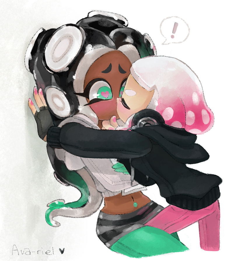 ava-riel blush cephalopod clothing dark_skin duo female female/female hi_res humanoid inkling kissing marina_(splatoon) marine navel nintendo not_furry octoling pearl_(splatoon) splatoon surprise tentacle_hair tentacles video_games