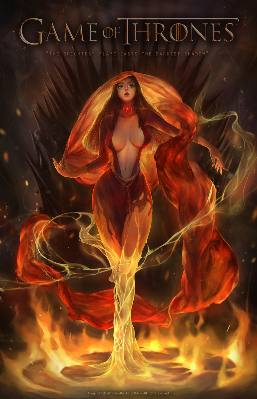 2017 absurdres breasts breasts_apart brown_eyes commentary copyright_name dress english fire full_body game_of_thrones gem green_eyes highres kim_eul_bong large_breasts long_hair looking_at_viewer melisandre navel number outstretched_arm parted_lips realistic red_dress solo sparkle standing throne watermark