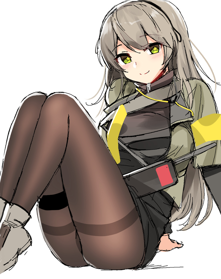 ass blush brown_hair girls_frontline hairband highres long_hair looking_at_viewer ndgd pantyhose sitting sketch smile star star-shaped_pupils symbol-shaped_pupils thigh_strap ump40_(girls_frontline) walkie-talkie yellow_eyes