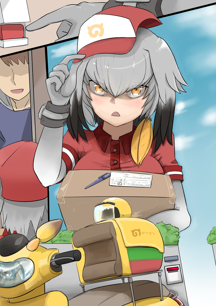 1girl alternate_costume bangs baseball_cap black_hair blush bodysuit box commentary day eyes_visible_through_hair faceless faceless_male grey_bodysuit grey_hair ground_vehicle hat helmet highres japari_symbol john_(a2556349) kemono_friends long_sleeves looking_at_viewer medium_hair motor_vehicle motorcycle motorcycle_helmet open_mouth outdoors pen red_shirt shirt shoebill_(kemono_friends) short_over_long_sleeves short_sleeves wristband yellow_eyes