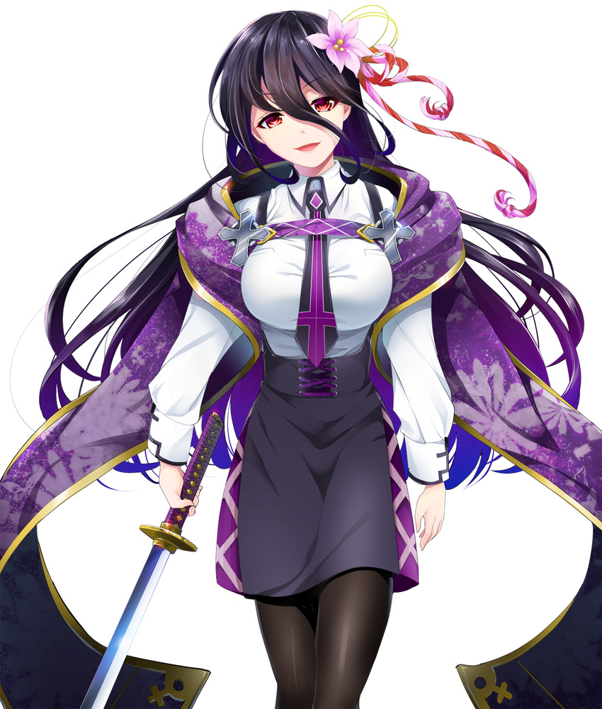 black_hair black_legwear breasts collared_shirt cross eyebrows_visible_through_hair flower hair_between_eyes hair_flower hair_ornament highres holding holding_sword holding_weapon hosokawa_gracia_(sengoku_rumblade) katana kouki_kuu large_breasts long_hair long_sleeves looking_at_viewer necktie open_mouth pantyhose red_eyes sengoku_rumblade shawl shirt skirt smile solo suspender_skirt suspenders sword very_long_hair weapon white_background white_shirt