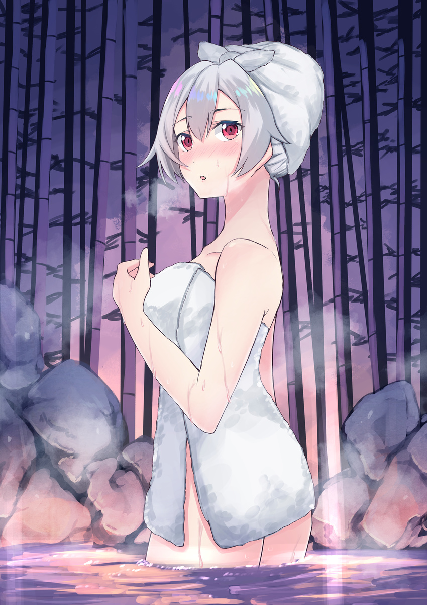 absurdres bamboo bamboo_forest blush fate/grand_order fate_(series) forest highres muragaki_(sgxx4878) naked_towel nature onsen red_eyes silver_hair solo tomoe_gozen_(fate/grand_order) towel towel_on_head