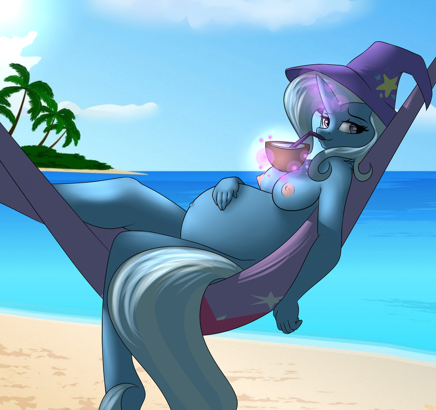 2015 5_fingers absurd_res anthro anthrofied areola beach belly beverage big_belly blue_fur blue_hair breasts cloud equine eyebrows eyelashes female food friendship_is_magic fur glowing hair hammock hat hi_res horn lens_flare levitation long_hair looking_at_viewer lying magic mammal multicolored_hair my_little_pony navel nipples nude on_back outside palm_tree patch_(artist) pregnant purple_eyes resting sand seaside sky smile solo straw tree trixie_(mlp) two_tone_hair unicorn water wizard_hat