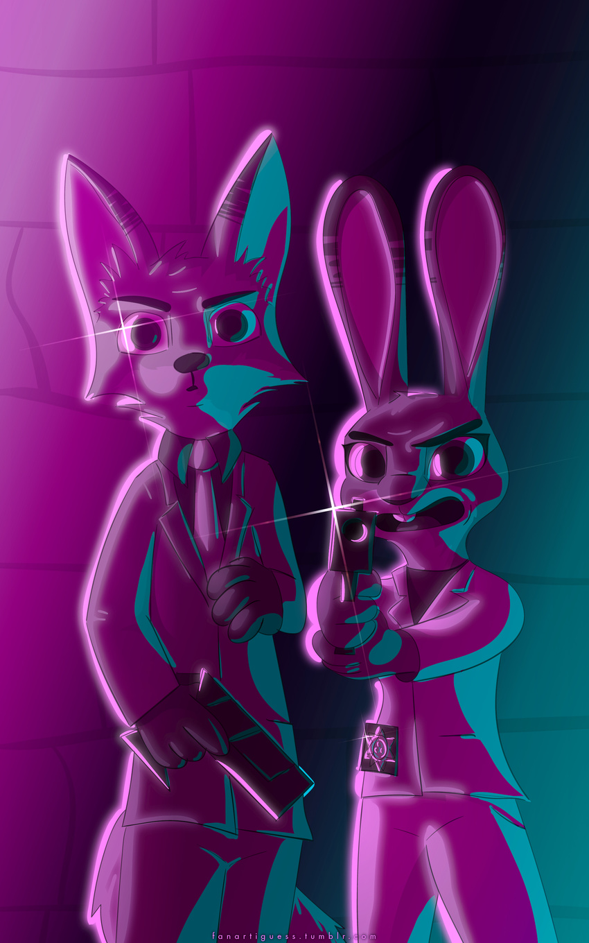 2016 anthro buckteeth canine clothed clothing dipstick_ears disney duo fanartiguess female fox gun handgun holding_object holding_weapon judy_hopps lagomorph lens_flare looking_at_viewer male mammal necktie nick_wilde open_mouth pistol rabbit ranged_weapon restricted_palette standing suit teeth url weapon zootopia