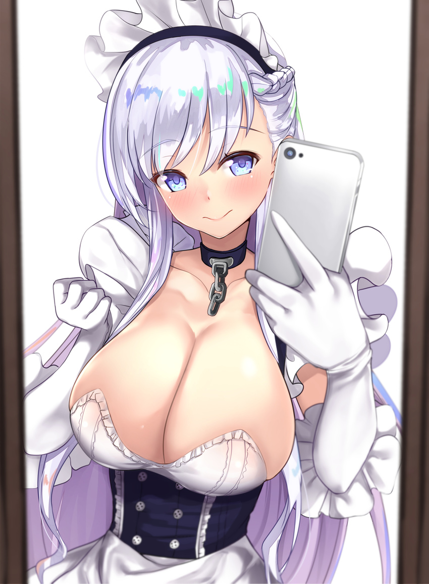 azur_lane belfast_(azur_lane) blue_eyes blush braid breasts buttons cellphone chain choker commentary_request eyebrows eyebrows_visible_through_hair frame frilled_gloves frills gloves gloves_removed gradient_hair highres large_breasts long_hair maid maid_headdress multicolored_hair phone self_shot smile solo untsue white_gloves white_hair