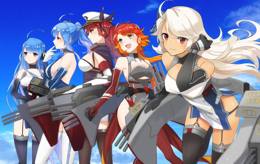 ahoge azur_lane bare_shoulders black_gloves black_legwear black_ribbon blonde_hair blue_hair blue_sky breasts brooklyn_(azur_lane) cannon cleavage elbow_gloves gloves gradient_hair hair_ribbon hat helena_(azur_lane) highres honolulu_(azur_lane) large_breasts long_hair looking_at_viewer looking_to_the_side military_hat multicolored_hair multiple_girls orange_hair peaked_cap phoenix_(azur_lane) ponytail purple_eyes red_eyes red_gloves red_legwear ribbon sideboob sky st._louis_(azur_lane) thighhighs turret twintails white_gloves white_legwear yamashiki_(orca_buteo) yellow_eyes