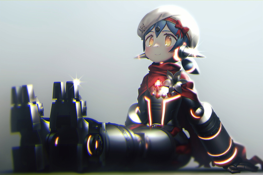 android blue_hair blurry blurry_foreground blush cape closed_mouth commentary depth_of_field glint grey_background hair_ribbon hana_(xenoblade) harau hat highres legs_together looking_at_viewer orange_eyes red_cape red_ribbon ribbon robot robot_ears short_hair simple_background sitting smile solo xenoblade_(series) xenoblade_2