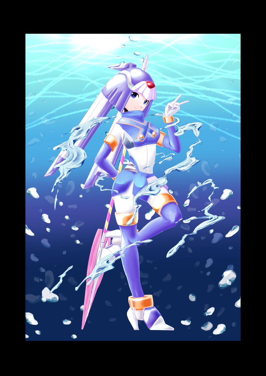 1girl absurdres android arm_behind_back blue_eyes border breasts capcom frame hand_behind_back heels helmet high_heels holding holding_spear holding_weapon leviathan_(rockman) light medium_breasts one_leg_raised rockman rockman_zero smile solo solo_focus spear thigh_boots thighhighs underwater water weapon