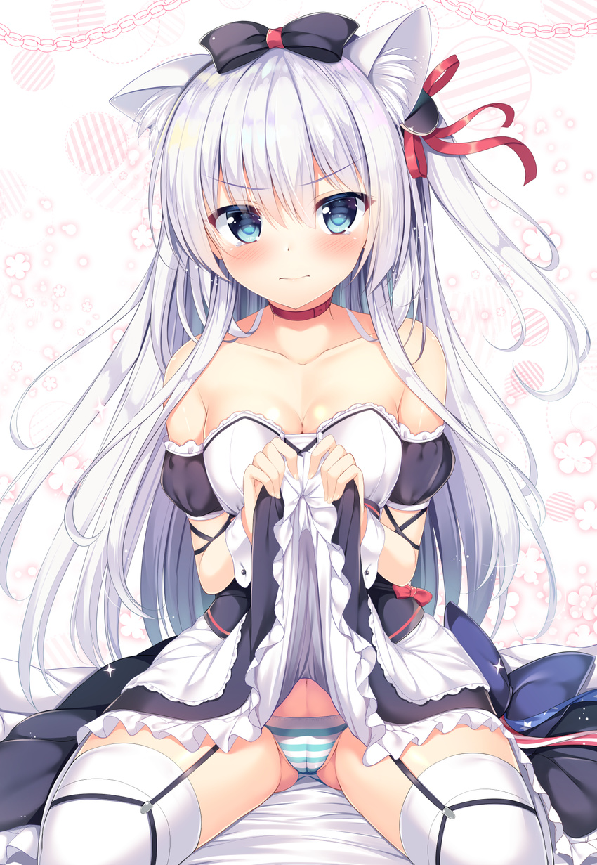 animal_ears azur_lane bangs bare_shoulders blue_eyes blush bow breasts cameltoe cat_ears choker cleavage collarbone dress dress_lift eyebrows_visible_through_hair fingernails frilled_dress frills garter_straps hair_bow hair_ornament hammann_(azur_lane) highres lifted_by_self long_hair looking_at_viewer medium_breasts one_side_up panties silver_hair sitting solo spread_legs striped striped_panties tearing_up tears thighhighs tomoo_(tomo) tsurime underwear wariza wrist_cuffs