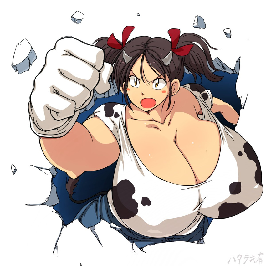 animal_humanoid big_breasts blush bovine breasts brown_hair cleavage clothed clothing cow_humanoid cow_print female gloves hair hataraki_ari horn huge_breasts humanoid jeans mammal open_mouth pants short_hair signature solo sukimi_(hataraki) tail_tuft tuft yellow_eyes