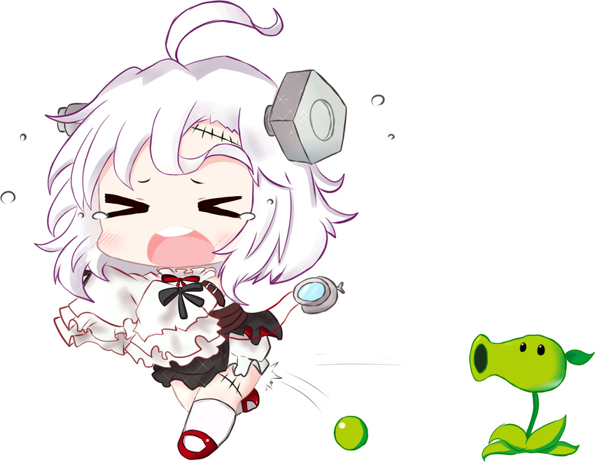 &gt;_&lt; ahoge azur_lane bailingxiao_jiu black_skirt bloomers blush bolt chibi closed_eyes crossover detached_sleeves fleeing high-waist_skirt highres kneehighs long_sleeves mary_janes open_mouth outstretched_arms peashooter_(pvz) plants_vs_zombies pleated_skirt red_footwear running shirt shoes skirt sleeves_past_fingers sleeves_past_wrists stitches tears terror_(azur_lane) underwear upper_teeth white_bloomers white_legwear white_shirt