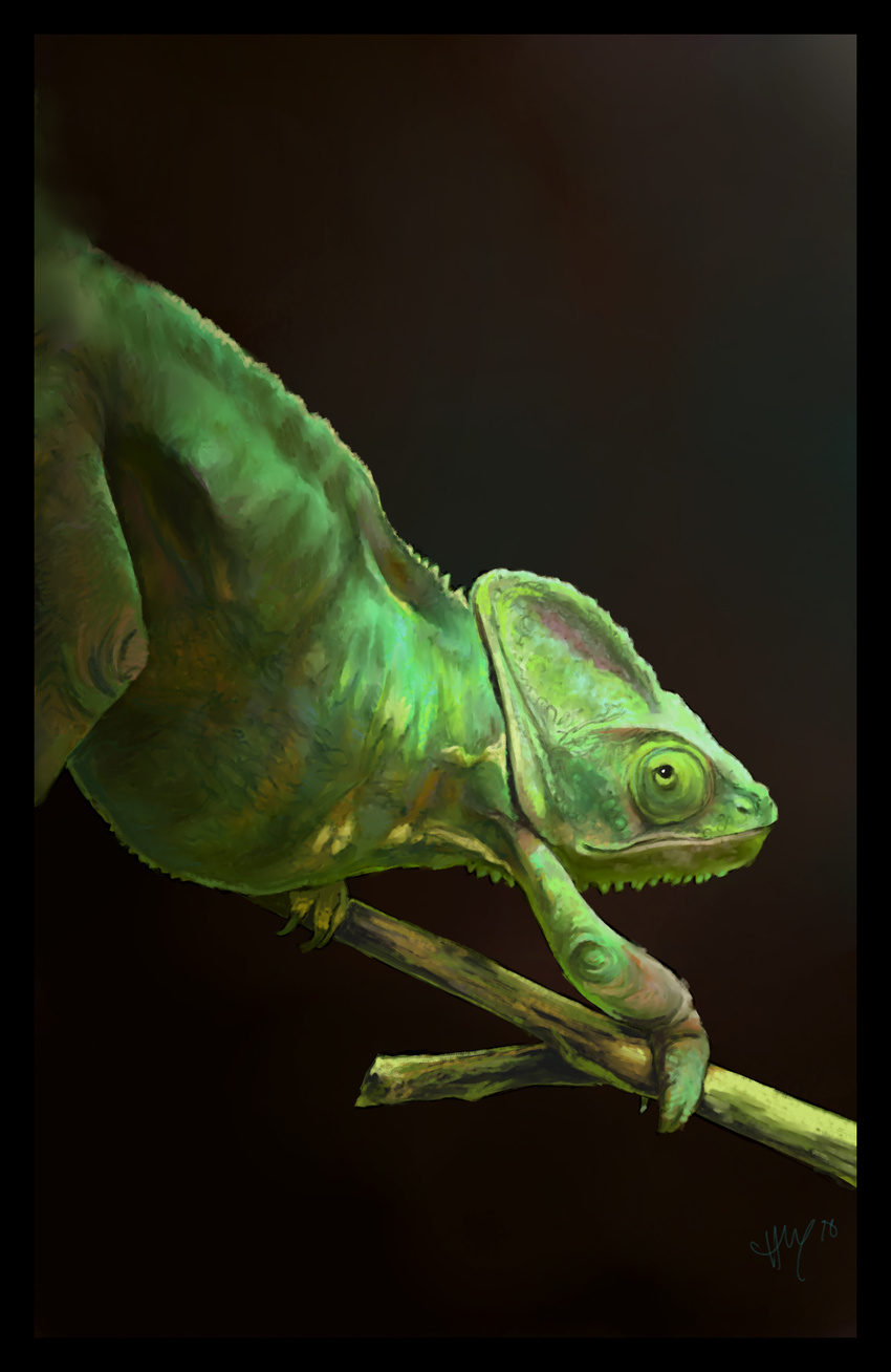 2010 abstract_background ambiguous_gender black_eyes branch chameleon feral green_eyes green_skin lizard looking_at_viewer looking_back novawuff on_branch perched portrait reptile scalie solo standing walking