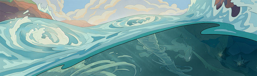 cloud commentary gen_1_pokemon gen_2_pokemon glowing glowing_eyes highres jamie_loughran lugia no_humans ocean pokemon pokemon_(creature) rock scenery seascape sky staryu underwater waves whirlpool