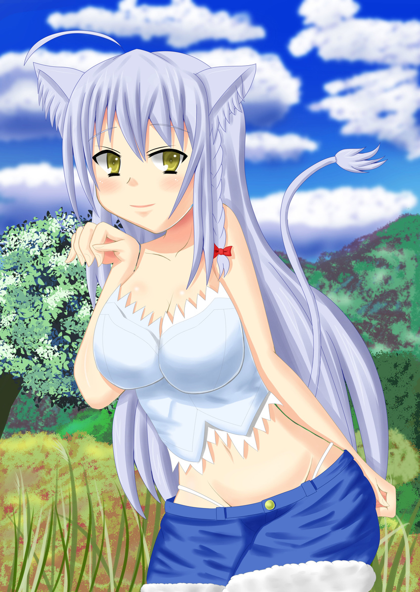 1girl absurdres animal_ears bangs bare_shoulders blush bow braid breasts bustier cat_ears cloud collarbone dog_days field fur_trim large_breasts leonmitchelli_galette_des_rois long_hair looking_at_viewer meadow shiba.f.b short_shorts silver_hair sky smile tail thong tree very_long_hair yellow_eyes