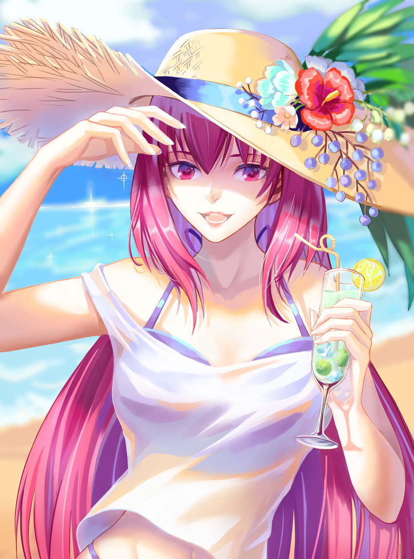 :d absurdres beach bikini bikini_under_clothes crazy_straw cup day drinking_glass drinking_straw fate/grand_order fate_(series) flower food fruit hat hat_flower highres lemon lemon_slice long_hair looking_at_viewer ocean off_shoulder open_mouth purple_hair red_eyes scathach_(fate)_(all) scathach_(fate/grand_order) smile solo straw_hat sun_hat swimsuit tank_top tropical_drink very_long_hair yuanzui_primo