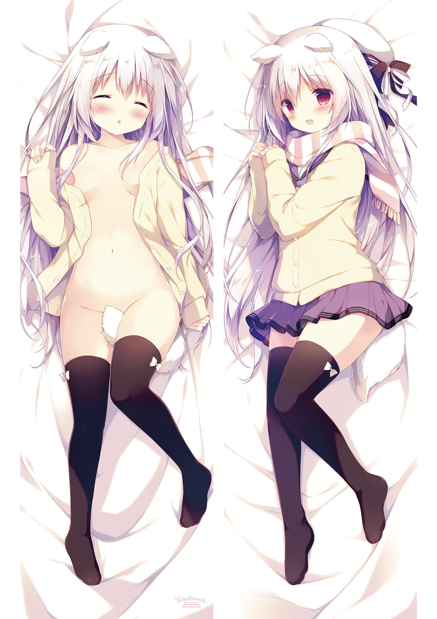 :d animal_ears artist_name bangs bare_shoulders bed_sheet beret between_legs black_bow black_legwear blush bottomless bow breasts cardigan closed_eyes collarbone dakimakura dog_ears dog_girl dog_tail eyebrows_visible_through_hair fang fingernails grey_skirt hair_between_eyes hair_bow hand_up hands_up hat hat_removed head_tilt headwear_removed highres long_hair long_sleeves looking_at_viewer lying multiple_views naked_cardigan no_bra no_shoes off_shoulder on_back on_side open_cardigan open_clothes open_mouth original panties parted_lips pinching_sleeves pleated_skirt polka_dot polka_dot_bow red_eyes scarf scarf_removed school_uniform serafuku shiratama_(shiratamaco) shiroi_inu silver_hair simple_background skirt sleeves_past_wrists small_breasts smile striped striped_scarf tail tail_between_legs tail_censor thighhighs underwear very_long_hair white_background white_hat white_panties
