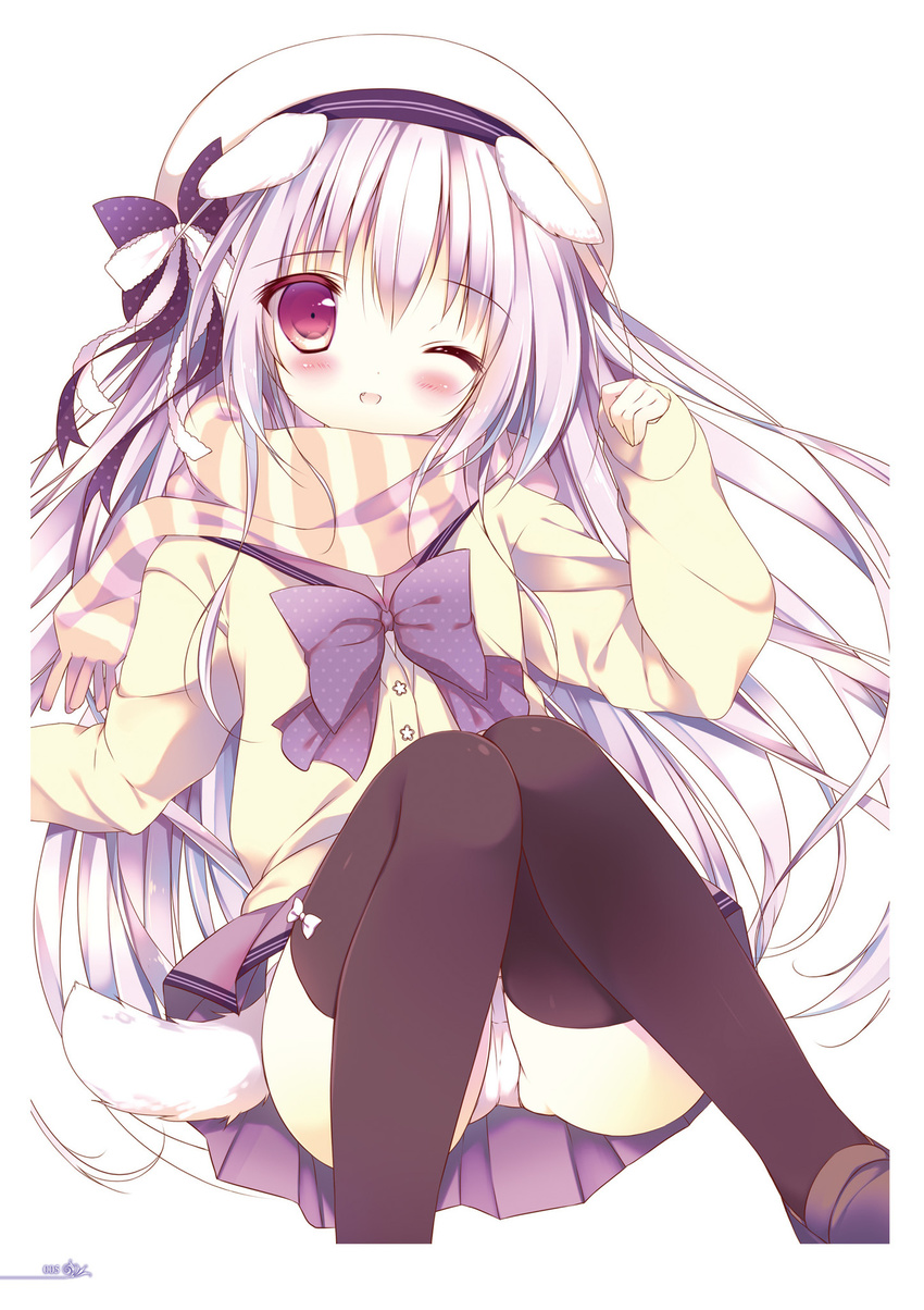;d animal_ears bangs beret black_bow black_legwear blush bow brown_footwear cardigan dog_ears dog_girl dog_tail eyebrows_visible_through_hair fang fingernails grey_skirt hair_between_eyes hair_bow hand_up hat head_tilt highres loafers long_hair long_sleeves looking_at_viewer lying on_back one_eye_closed open_mouth original panties pleated_skirt polka_dot polka_dot_bow purple_hair red_eyes scarf school_uniform serafuku shiratama_(shiratamaco) shiroi_inu shoes simple_background skirt sleeves_past_wrists smile solo striped striped_scarf tail thighhighs underwear very_long_hair white_background white_hat white_panties