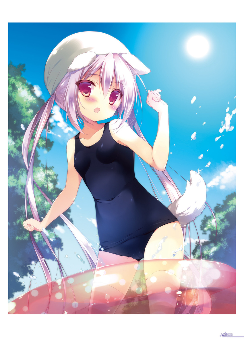 :d animal_ears arms_up ass_visible_through_thighs bangs bare_arms bare_shoulders blue_sky blue_swimsuit blush cloud covered_navel day dog_ears dog_girl dog_tail eyebrows_visible_through_hair fang hair_between_eyes hat highres long_hair looking_at_viewer one-piece_swimsuit open_mouth original outdoors purple_hair red_eyes school_swimsuit shiratama_(shiratamaco) shiroi_inu sidelocks sky smile solo striped striped_legwear sun swim_cap swimsuit tail thighhighs transparent tree twintails very_long_hair wading_pool water white_hat