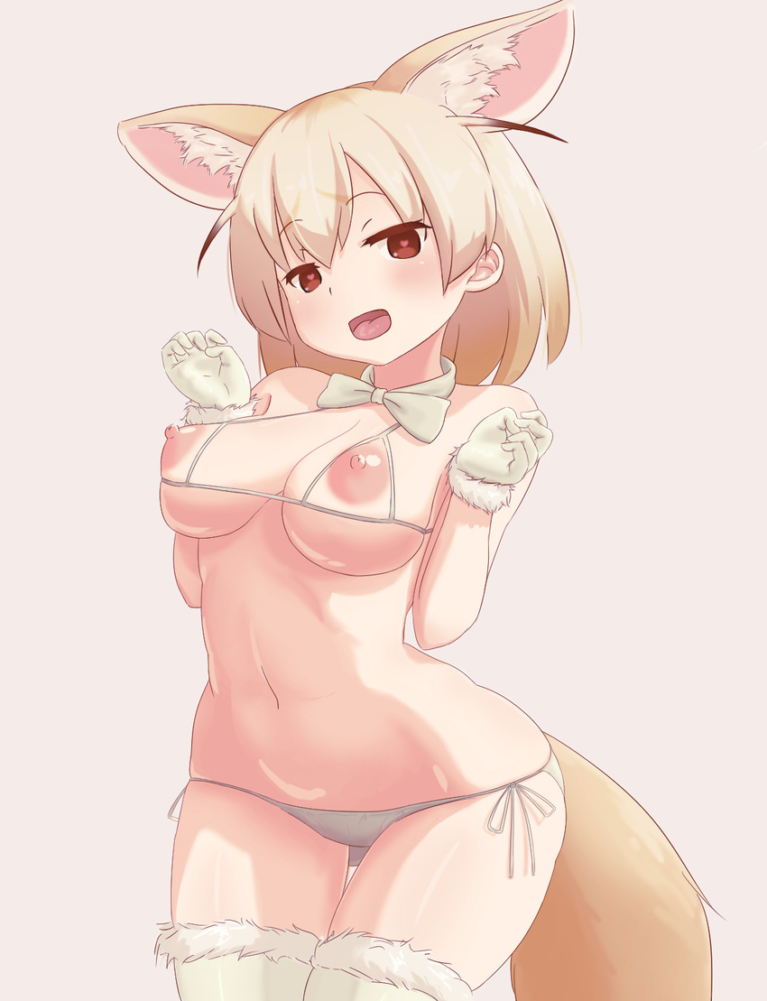animal_ears areolae atama_neko_(atamaneko_110100) blonde_hair bow bowtie bra breasts brown_eyes commentary_request cowboy_shot cupless_bra extra_ears eyebrows_visible_through_hair fennec_(kemono_friends) fox_ears fox_tail fur-trimmed_gloves fur-trimmed_legwear fur_trim gloves grey_background hands_up heart heart-shaped_pupils highres kemono_friends large_areolae looking_at_viewer medium_breasts navel nipples open_mouth panties side-tie_panties simple_background solo symbol-shaped_pupils tail thighhighs underwear white_gloves white_neckwear white_panties