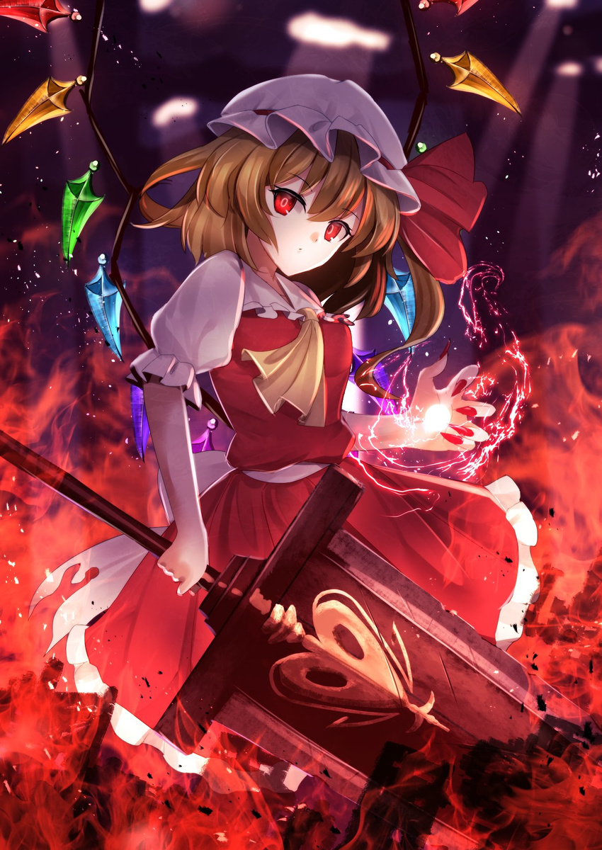ascot blonde_hair commentary_request energy expressionless eyebrows_visible_through_hair fingernails flandre_scarlet hat hat_ribbon highres holding holding_sword holding_weapon looking_at_viewer mob_cap nail_polish puffy_short_sleeves puffy_sleeves red_eyes red_nails red_ribbon red_skirt ribbon sharp_fingernails short_sleeves sinkai skirt skirt_set solo sword touhou weapon white_hat wings yellow_neckwear