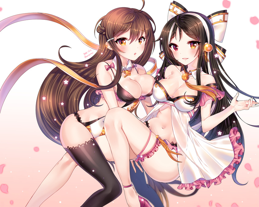 ahoge ara_han asura_(elsword) babydoll black_hair black_legwear blush braid breasts brown_hair cleavage detached_collar elsword hair_ornament hairband hairclip heterochromia highres hug long_hair looking_at_viewer multiple_girls navel neck_bell open_mouth purple_eyes purple_footwear sakra_devanam_(elsword) sitting thigh_strap thighhighs xes_(xes_5377)