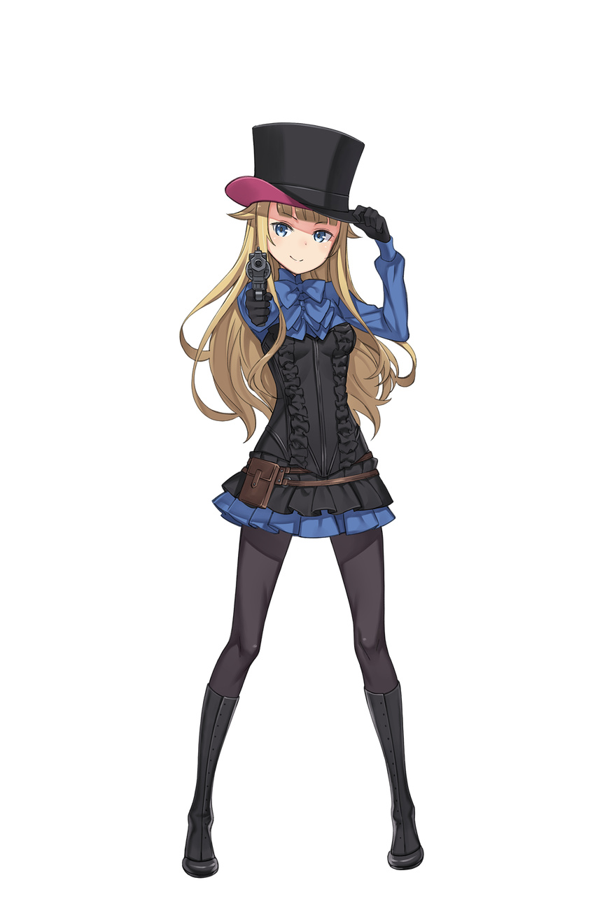 adjusting_clothes adjusting_hat black_footwear black_gloves black_hat black_legwear blonde_hair blue_bow blue_eyes boots bow frills full_body gloves gun handgun hat highres holding holding_gun holding_weapon knee_boots long_hair looking_at_viewer makaria official_art pantyhose pistol pointing pointing_at_viewer pouch princess_(princess_principal) princess_principal princess_principal_game_of_mission standing transparent_background weapon