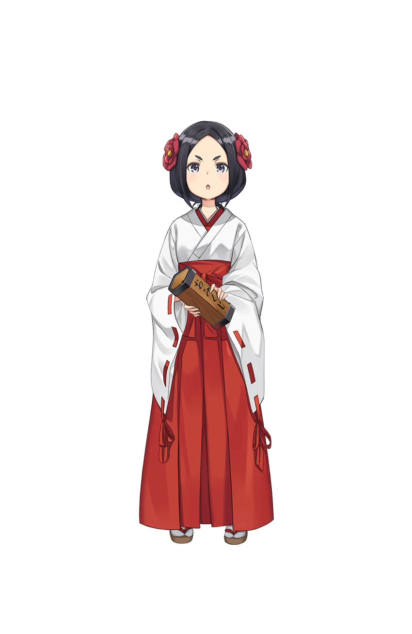 :o bangs black_eyes black_hair chestnut_mouth flower full_body hair_flower hair_ornament hakama_skirt highres holding japanese_clothes long_sleeves looking_at_viewer makaria miko official_art omikuji princess_principal princess_principal_game_of_mission ribbon-trimmed_sleeves ribbon_trim short_hair solo standing swept_bangs toudou_chise transparent_background wide_sleeves