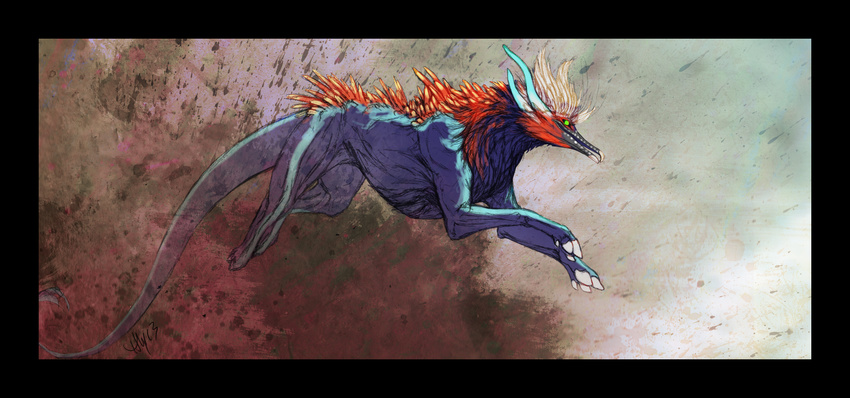 2013 ambiguous_gender avian beak blue_body blue_markings claws detailed_background dragon dust eilistraee feathers feral green_eyes hooves horn jumping markings novawuff outside red_feathers red_markings running solo unknown_species