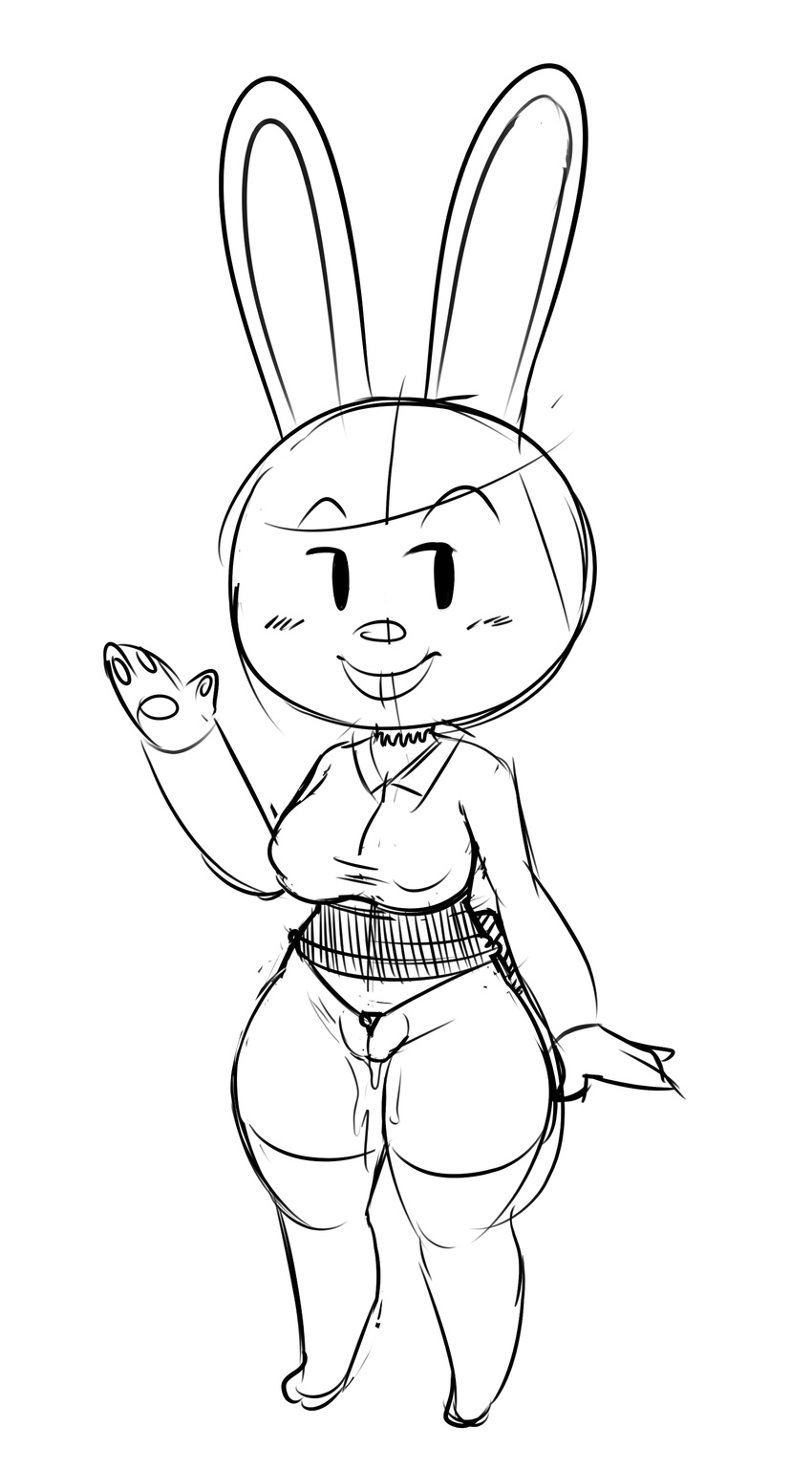 animal_crossing black_and_white blouse blush breasts carmen_(animal_crossing) clothed clothing dripping female full-length_portrait g-string grin hair half-closed_eyes itsthedoodleden lagomorph legwear long_ears mammal monochrome nintendo plump_labia portrait pussy pussy_floss pussy_juice rabbit raised_skirt short_stack simple_background sketch skirt smile solo standing stockings underwear video_games white_background