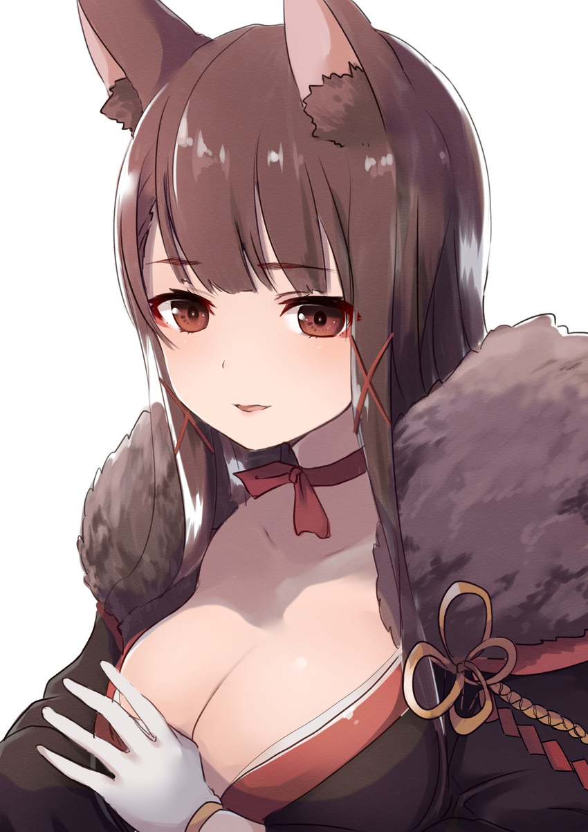 absurdres akagi_(azur_lane) animal_ears azur_lane bangs breasts brown_eyes brown_hair choker cleavage collarbone commentary dyson_(edaokunnsaikouya) eyebrows_visible_through_hair fox_ears fur_trim gloves hair_ornament hand_on_own_chest highres large_breasts light_smile long_hair looking_at_viewer parted_lips ribbon_choker simple_background solo upper_body white_background white_gloves x_hair_ornament