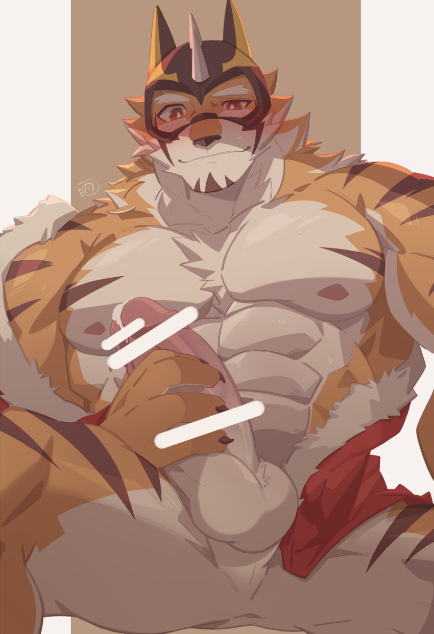 1boy abs animal_ears bar_censor bara bare_pectorals beige_fur blush censored erection facial_hair feet_out_of_frame fur-trimmed_jacket fur_trim furry furry_male goatee hachi_duchi highres huge_penis jacket large_pectorals live_a_hero male_focus male_masturbation mask masturbation muscular muscular_male naked_jacket nipples official_alternate_costume open_clothes open_jacket orange_fur pectorals penis precum red_jacket ryekie_(live_a_hero) santa_costume short_hair solo spread_legs stomach thick_thighs thighs tiger_boy tiger_ears two-tone_fur veins veiny_penis