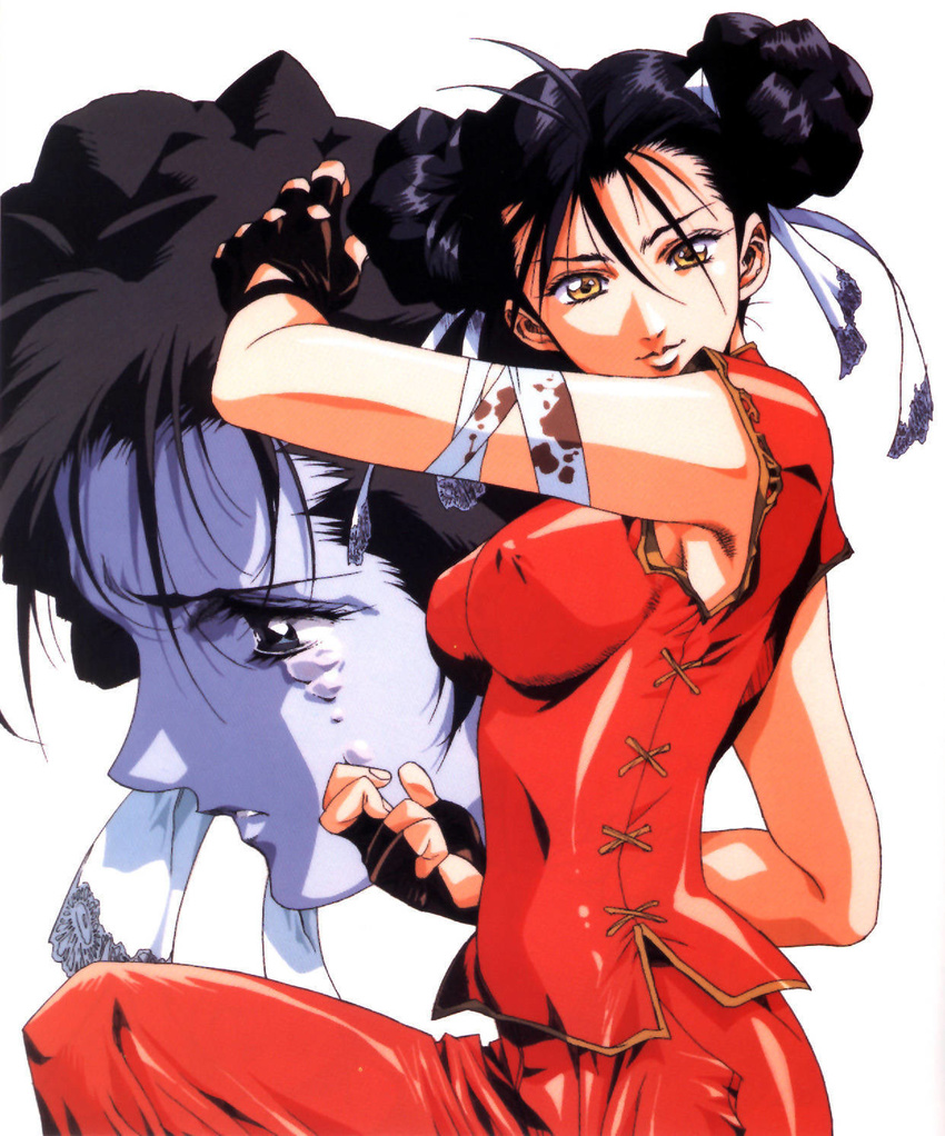 90s bandages black_hair breasts brown_eyes china_dress chinese_clothes chun-li covered_nipples double_bun dress fighting_stance fingerless_gloves gloves highres looking_at_viewer medium_breasts official_art parted_lips scan short_hair short_sleeves simple_background smile solo street_fighter tears urushihara_satoshi white_background