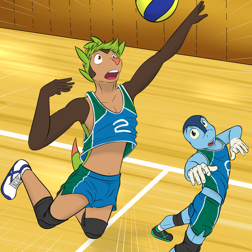 5_fingers action_pose ankle_socks anthro anthrofied ball blue_eyes blue_skin brown_eyes brown_skin chespin clothed clothing digital_drawing_(artwork) digital_media_(artwork) dipstick_tail duo footwear froakie fuze gloves_(marking) green_hair gym hair hi_res humanoid_hands jumping knee_pads legwear looking_aside looking_up male markings midriff multicolored_tail nintendo open_mouth pink_nose playing_sport pok&eacute;mon pok&eacute;mon_(species) pok&eacute;morph pose shirt shoes short_hair shorts socks sport standing tan_skin tank_top uniform video_games volleyball volleyball_(ball) volleyball_court white_skin yellow_sclera