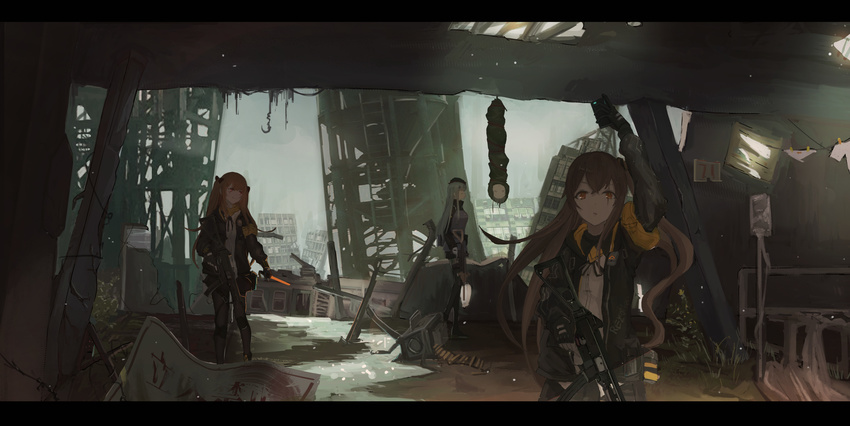 404_logo_(girls_frontline) 4girls absurdres aer7o ammunition_pouch armband assault_rifle bag bangs belt beret black_legwear blunt_bangs bow bow_panties breasts brown_eyes brown_hair buckle building cellphone cityscape closed_eyes closed_mouth clothes_on_object clothes_writing commentary eyebrows_visible_through_hair fingerless_gloves g11 g11_(girls_frontline) girls_frontline gloves glowstick green_eyes gun h&amp;k_ump hair_between_eyes hair_ornament hairclip hat heckler_&amp;_koch highres hk416 hk416_(girls_frontline) holding holding_gun holding_phone holding_weapon hood hooded_jacket in_bag in_container jacket long_hair looking_at_another looking_at_viewer magazine_(weapon) medium_breasts multiple_girls one_side_up open_clothes open_mouth orange_scarf panties pantyhose phone pouch rifle ruins scar scar_across_eye scarf shirt sign silver_hair skirt sleeping sleeping_bag smartphone smile submachine_gun thigh_strap thighhighs trigger_discipline twintails ump45_(girls_frontline) ump9_(girls_frontline) underwear upside-down walkie-talkie weapon yellow_eyes