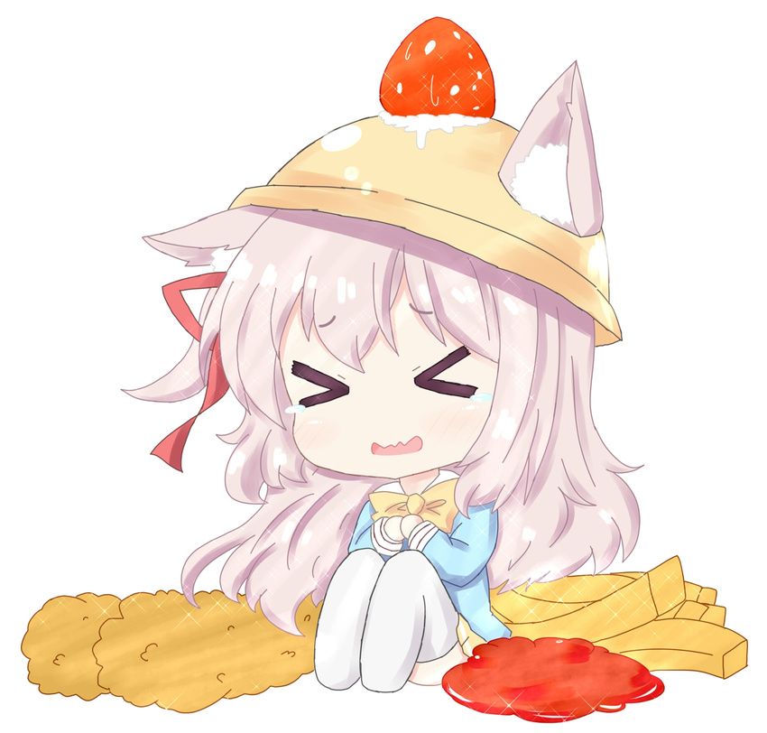 &gt;_&lt; animal_ears azur_lane bailingxiao_jiu bangs blue_shirt blush bow bowtie cat_ears chibi commentary_request cream ears_through_headwear eyebrows_visible_through_hair food french_fries fruit full_body hair_between_eyes hair_ribbon hat highres ketchup kindergarten_uniform kisaragi_(azur_lane) long_hair long_sleeves no_shoes one_side_up own_hands_together parted_lips pink_hair pleated_skirt red_ribbon ribbon school_hat shirt sidelocks simple_background sitting skirt solo sparkle strawberry tears thighhighs very_long_hair wavy_mouth white_background white_legwear yellow_hat yellow_neckwear yellow_skirt