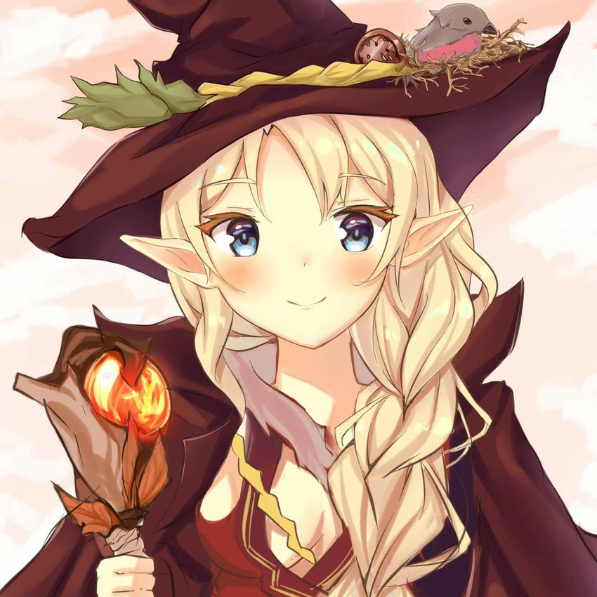 animal bad_id bad_pixiv_id bangs bird bird_nest blonde_hair blue_eyes blush braid breasts brown_cape brown_hat closed_mouth commentary dress elf eyebrows_visible_through_hair hair_over_shoulder hat highres holding holding_staff long_hair looking_at_viewer medium_breasts mony original pointy_ears red_dress side_braid smile solo staff witch_hat